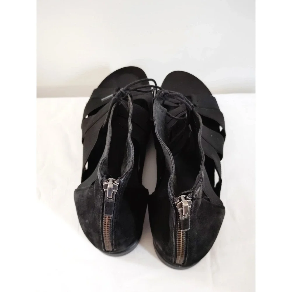 Eileen Fisher Dibs Link Lace-Up Sandal Black Stretch Wedge Gladiator Zip Back 11